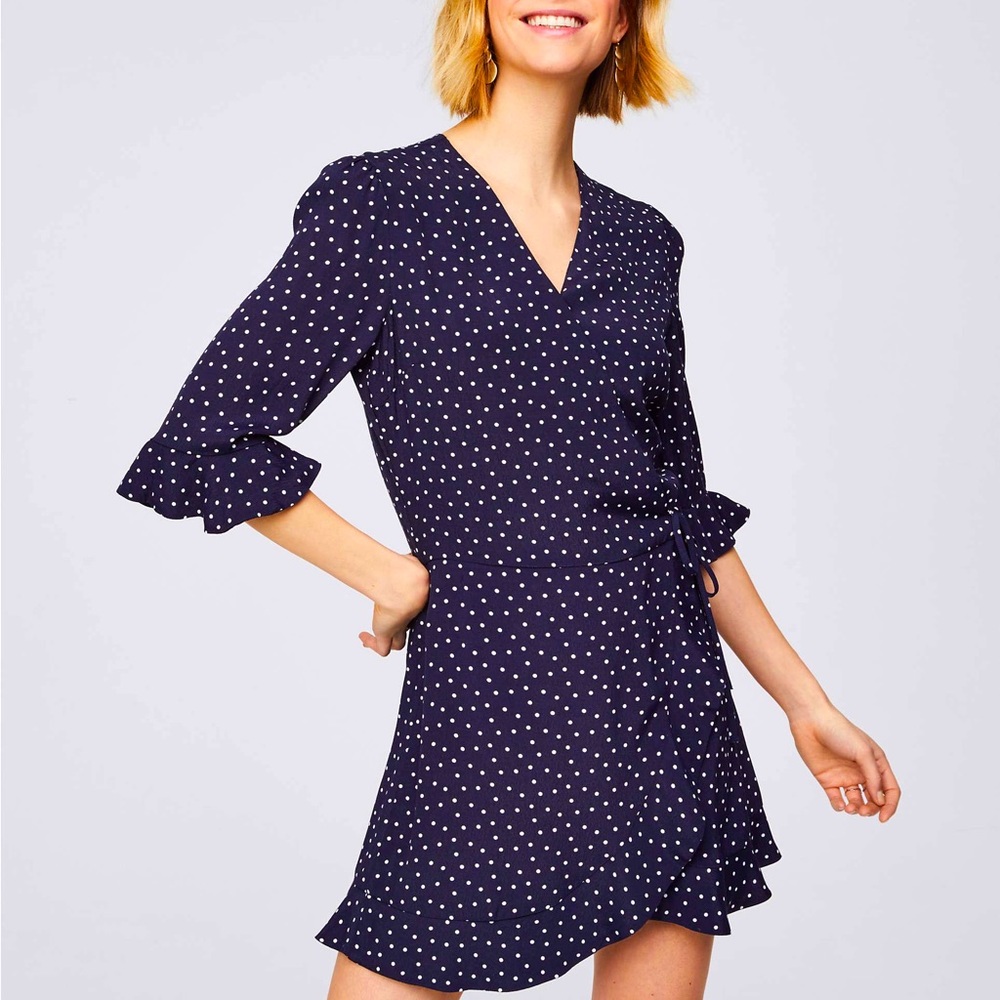 LOFT Polka Dot Wrap Ruffled V-Neck Romper in Navy & White Size 4 Skort Dress